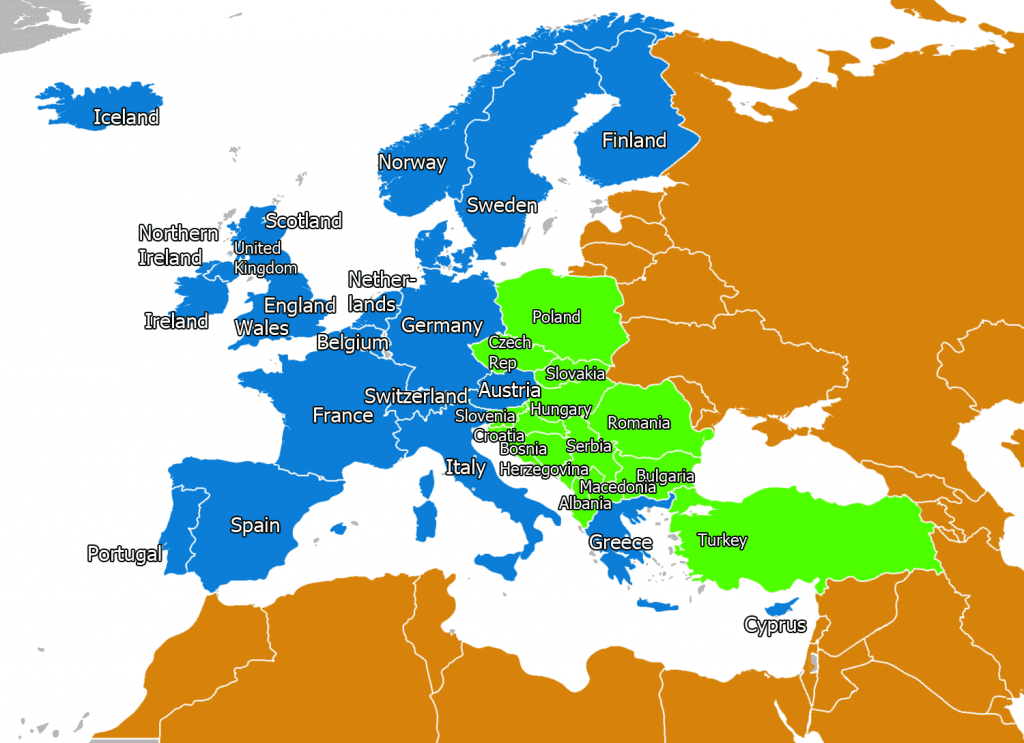 Labeled Western Europe Countries Map