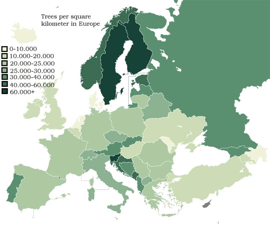 Map of Trees Per Square Kilometer in Europe