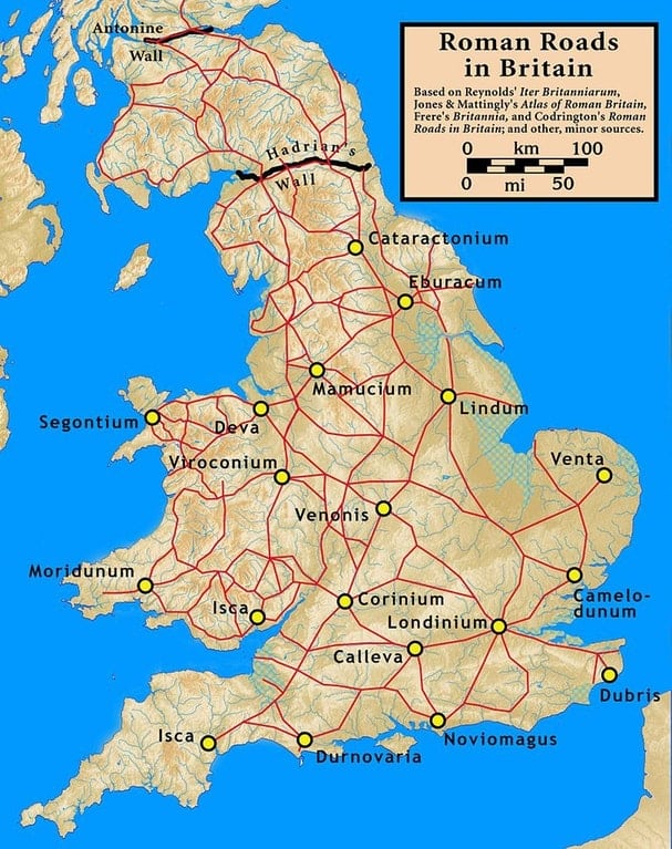 Map of Roman Cities and Roads in Ancient Britain