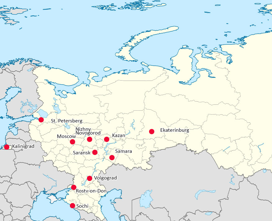 World Cup 2018 Russia - map of Host cities and venues.