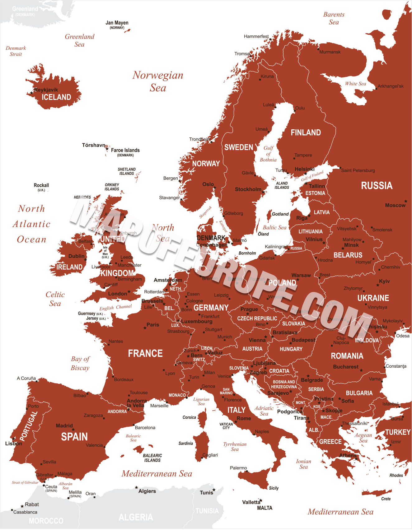 political map of europe 2022 with capitals